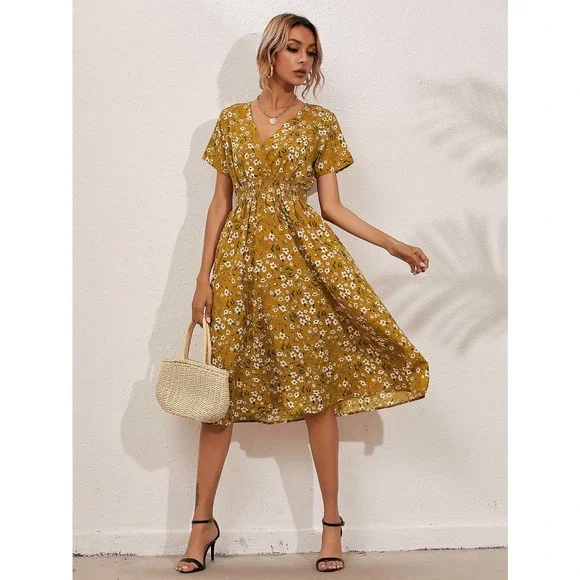 boho yellow Floral Shirred Wrap midi Dress - Picture 1 of 10